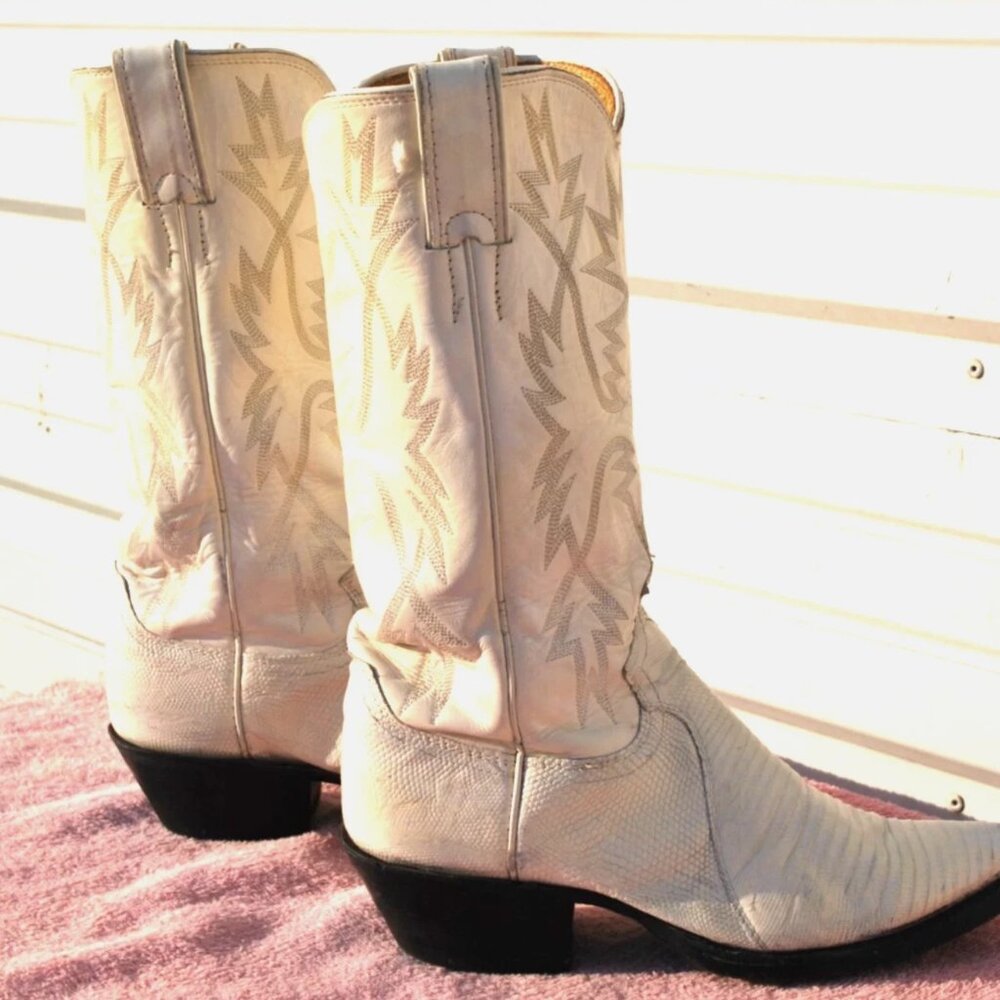 White Justin Lizard Skin Cowboy Boots